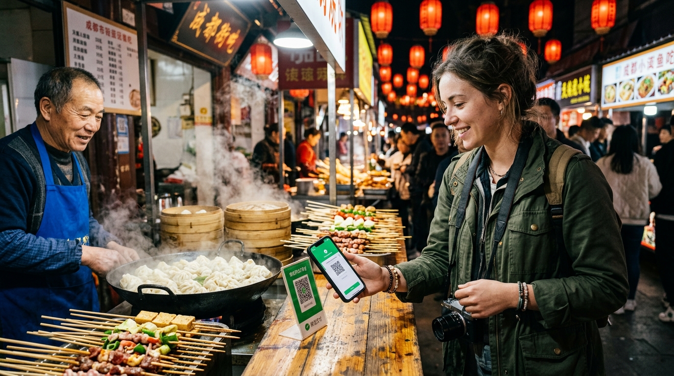 Tourist paying for street food dumplings with QR code in China