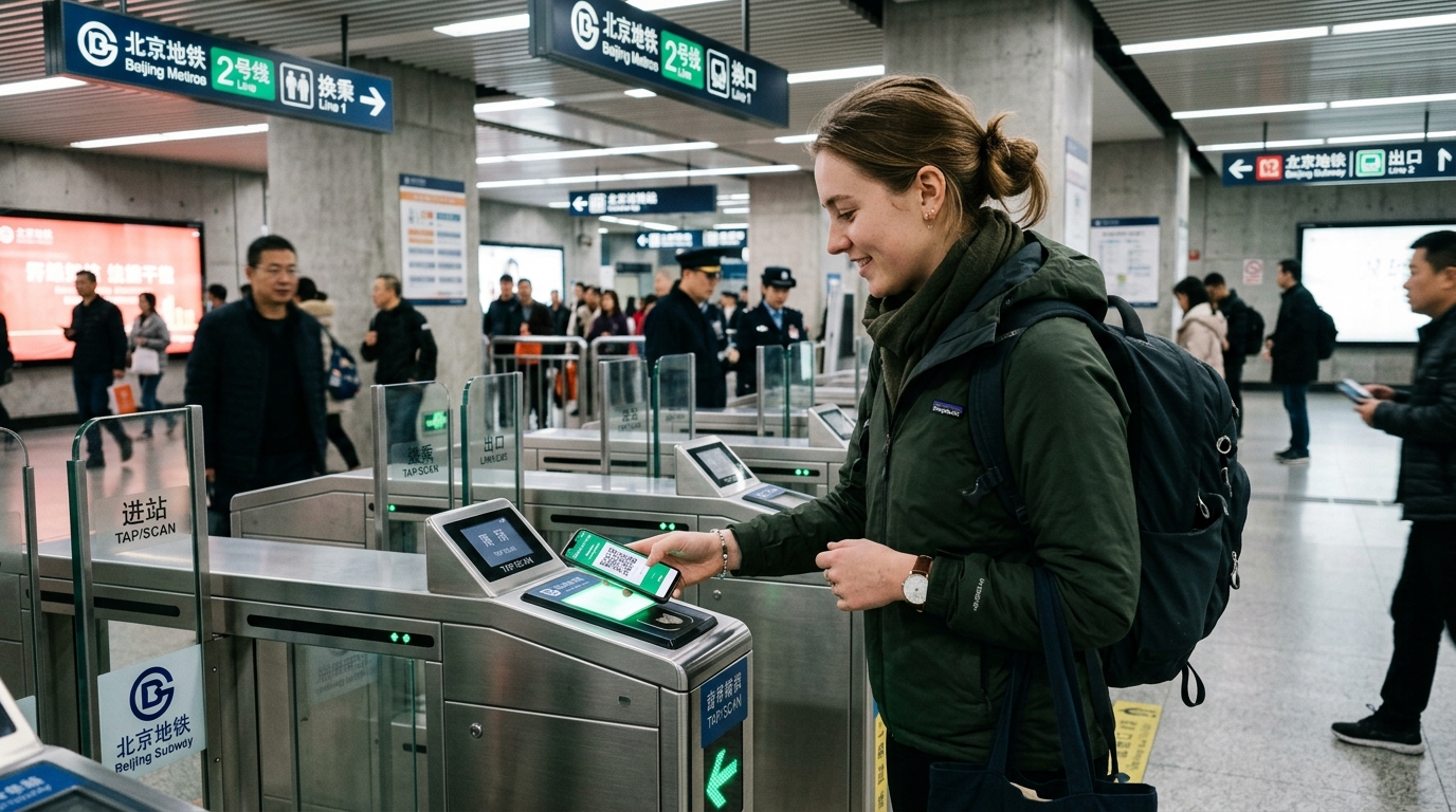 Traveler tapping Alipay subway transit QR code at Beijing metro station turnstile