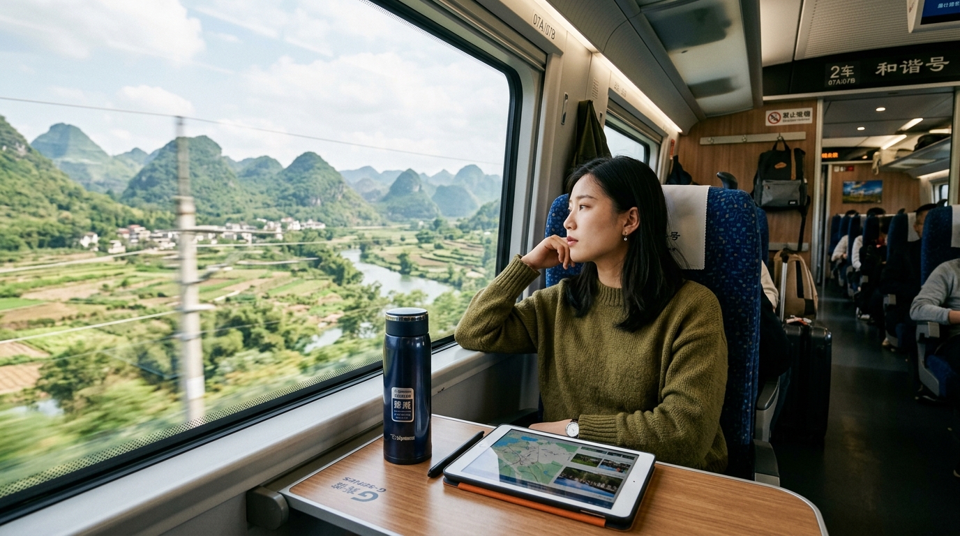 Passenger seated by large panoramic window on Chinese high-speed train watching green karst countryside