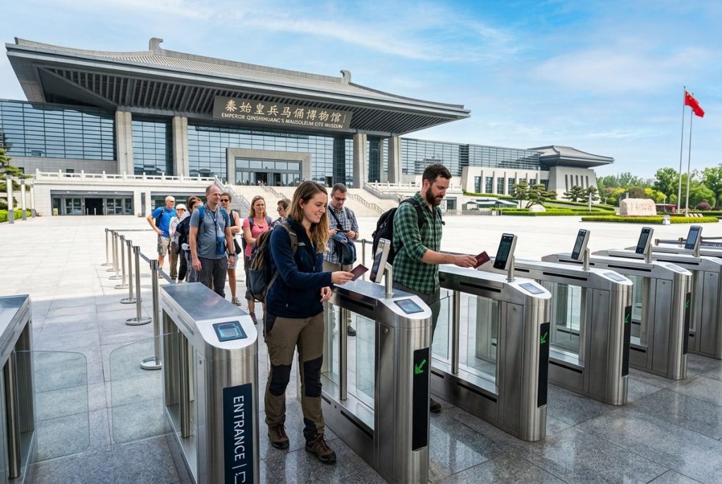 Foreign visitors scanning international passports at modern automated entry gates of cultural scenic landmark