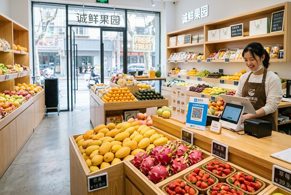 Modern Fresh Fruit Market with Mobile QR Payments