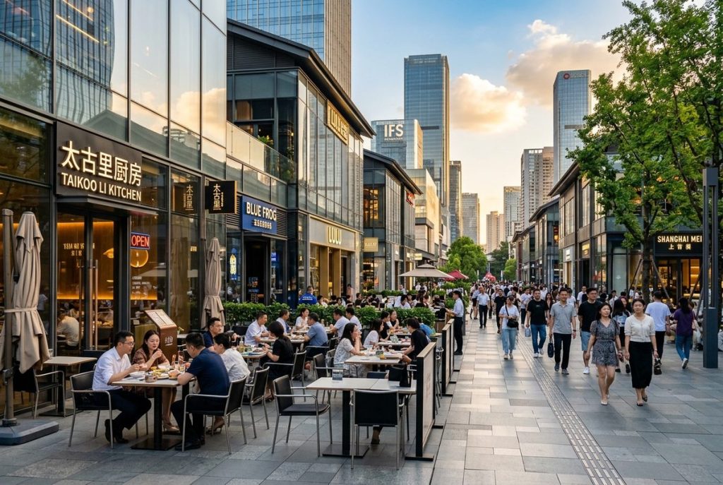 Vibrant, well-lit urban commercial street with modern outdoor cafes, restaurants, and international travelers