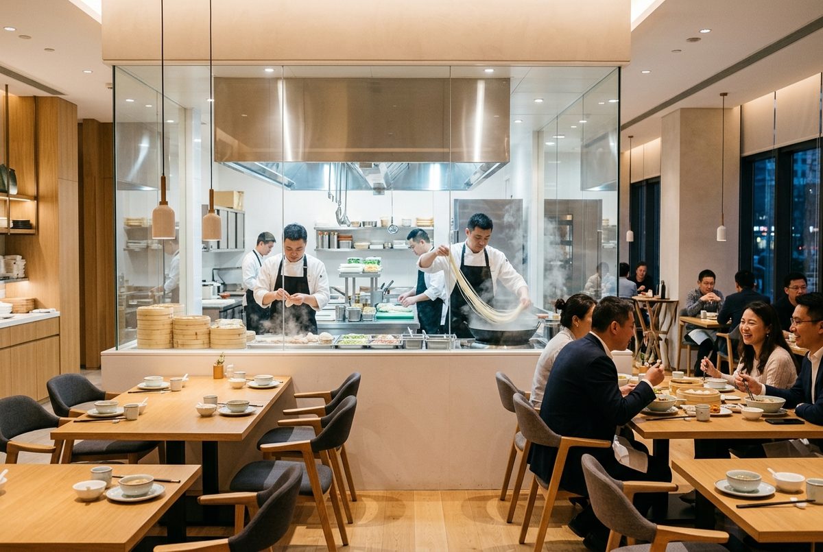 Chefs in pristine white uniforms preparing fresh dumplings in an open glass kitchen of a modern Chinese restaurant