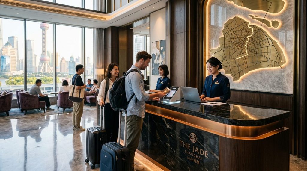 Hotel reception staff scanning foreign passport on official PSB police registration terminal in modern Chinese hotel