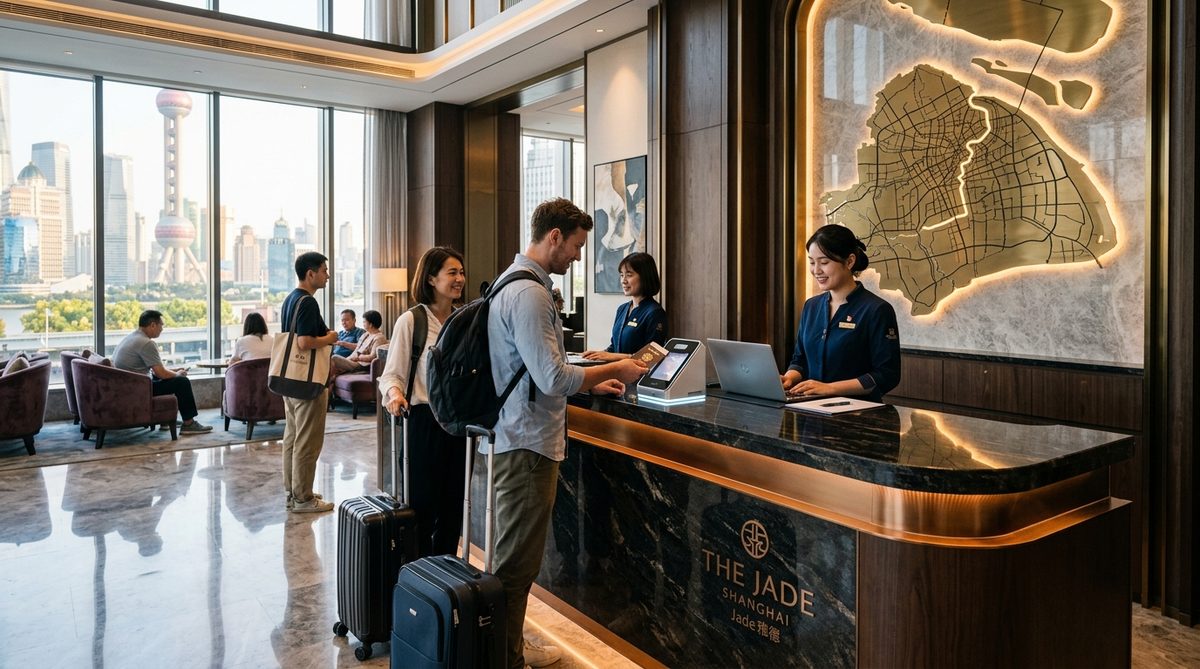 Hotel reception staff scanning foreign passport on official PSB police registration terminal in modern Chinese hotel
