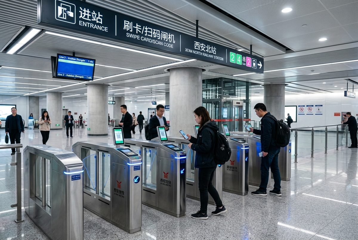 Passengers scanning Alipay transit QR code at modern subway turnstiles with granite floor and digital signage