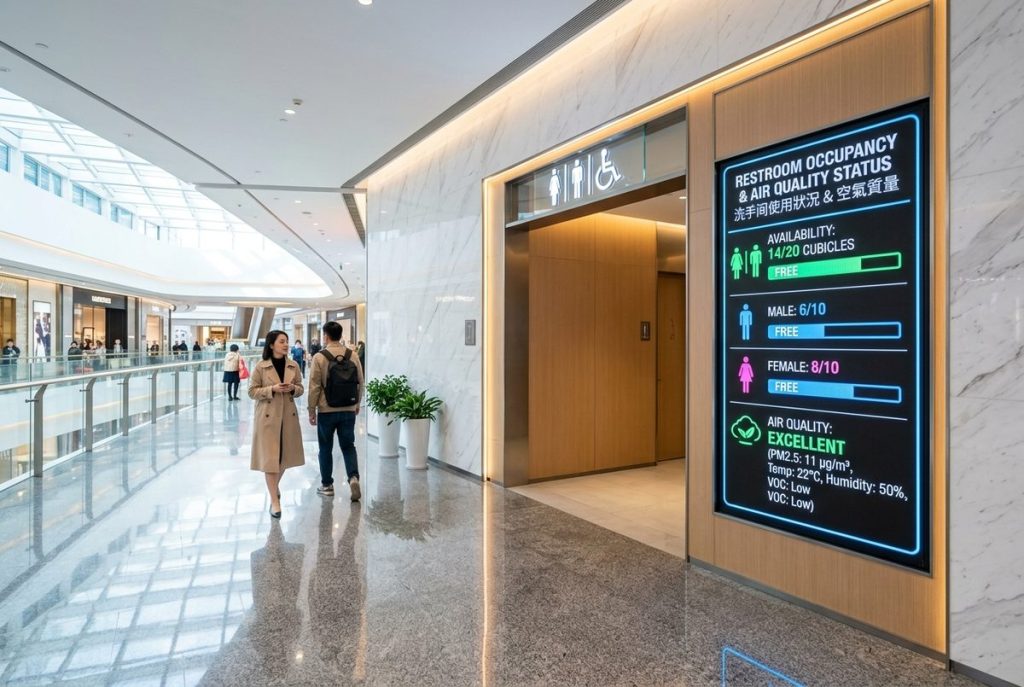 Spotless ultra-modern public restroom entrance in a contemporary Chinese mall with digital LED occupancy status screen