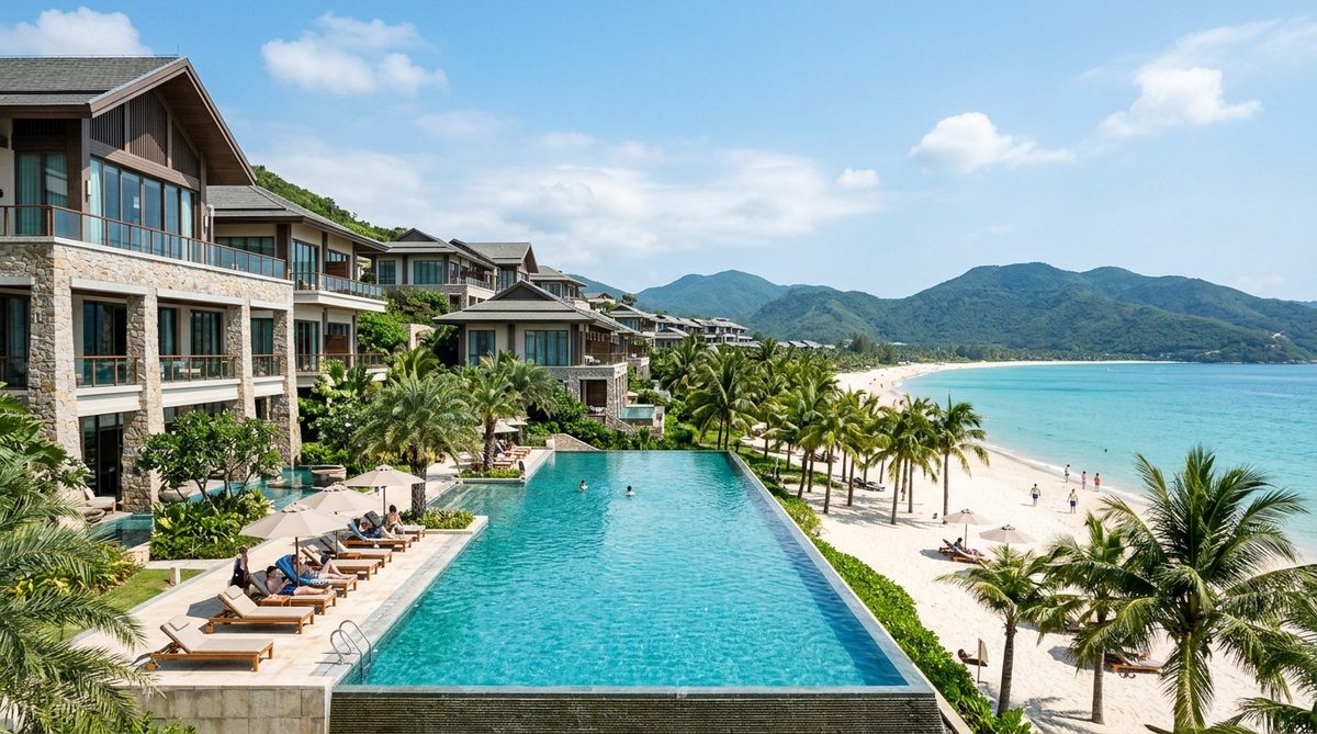 Luxury infinity pool and beachfront villas in Yalong Bay, Sanya with white sand and turquoise sea