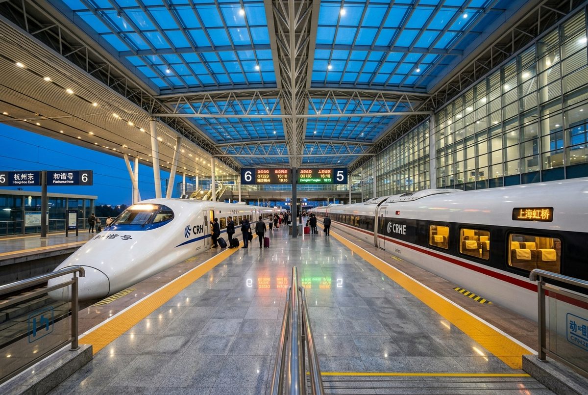 Illuminated modern Chinese high-speed bullet train and sleeper train at railway station platform at dusk
