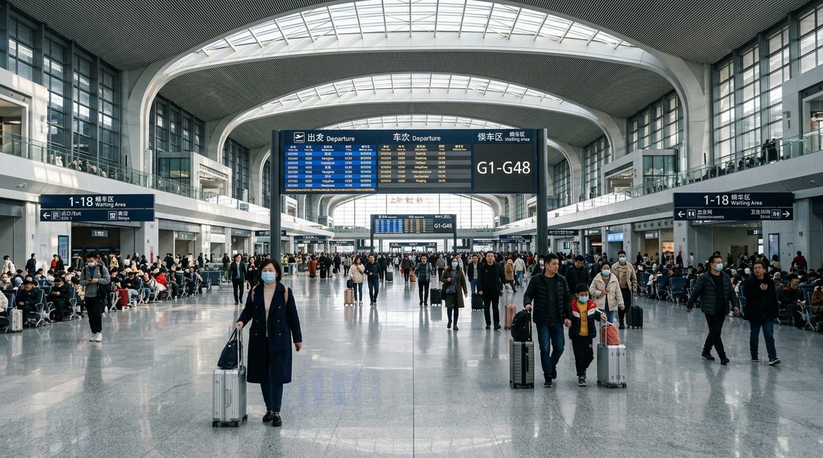 Soaring glass ceiling, clean polished marble floors and digital departure boards in modern Chinese high-speed railway station