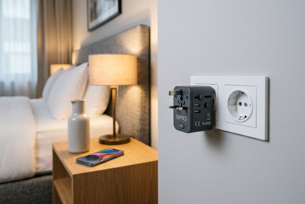 Universal Travel Plug Adapter in Modern Chinese Hotel Room