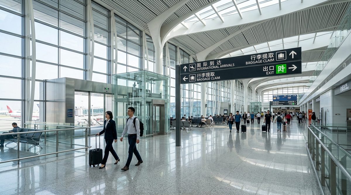 Ultra-clean modern international airport arrivals hall with clear bilingual signage and spacious marble floors