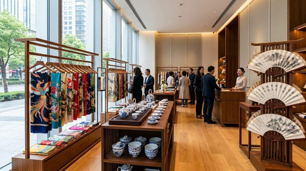 Modern upscale Chinese artisan market boutique in Beijing displaying fine silk scarves, blue and white porcelain tea sets, and hand-painted fans