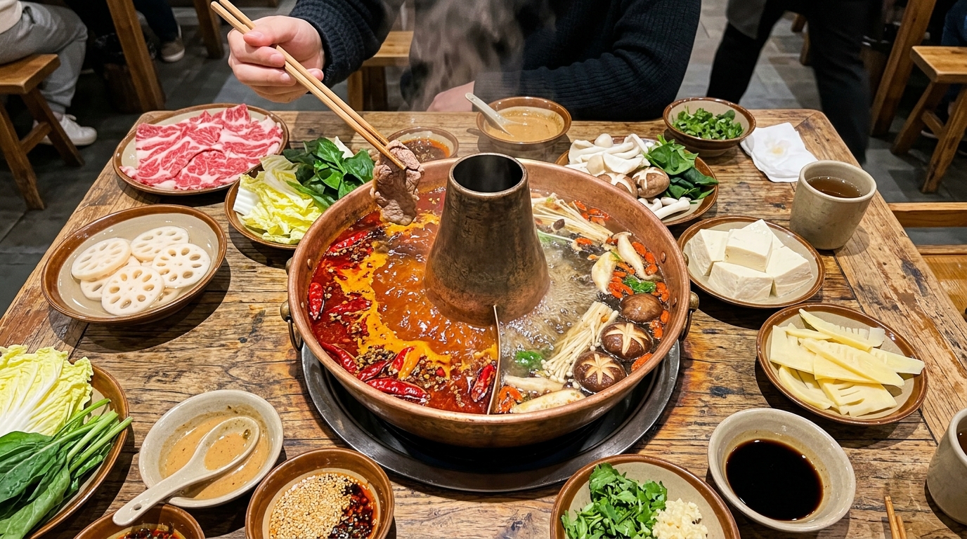 Authentic bubbling bronze Sichuan hotpot with fresh beef and vegetables in Chengdu restaurant
