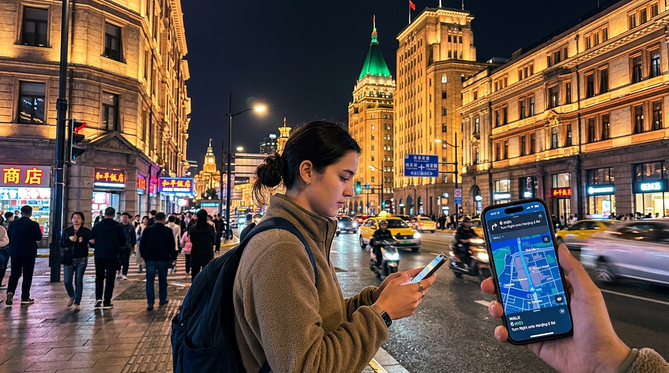 Foreign traveler using phone map navigation on Shanghai street at night