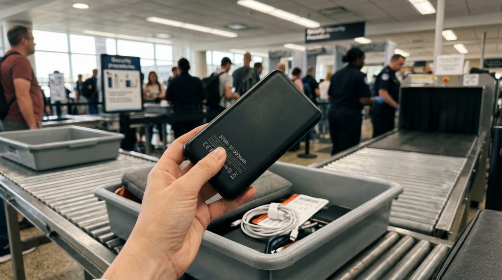 Passenger holding certified power bank showing clear 37Wh 10000mAh label at airport security