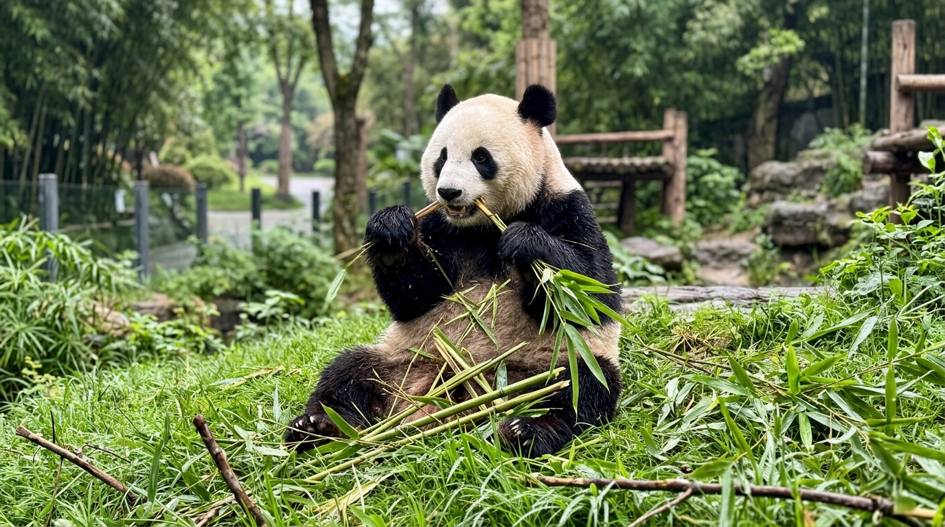 Giant panda eating fresh bamboo on green grass at Chengdu Panda Breeding Base