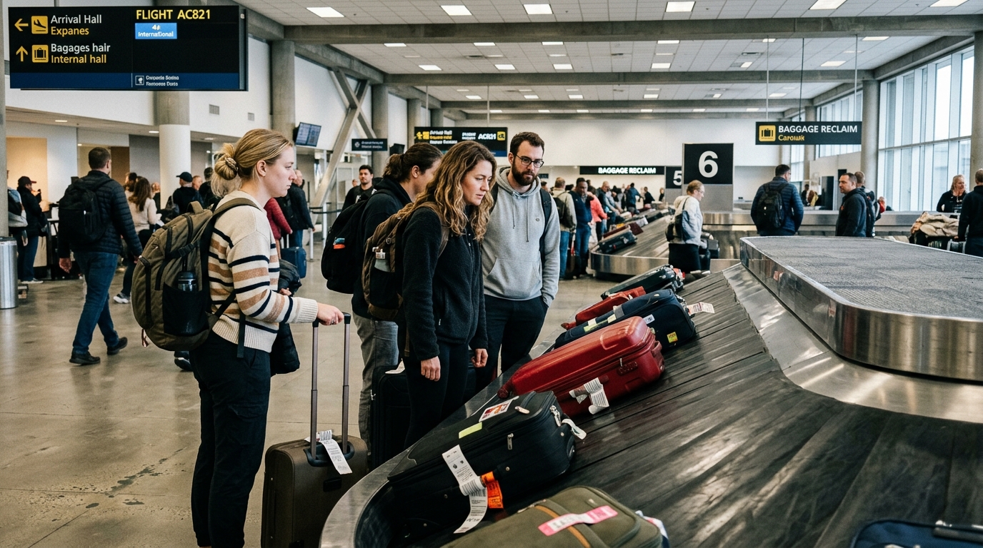 Foreign passengers waiting at airport baggage claim carousel for suitcases
