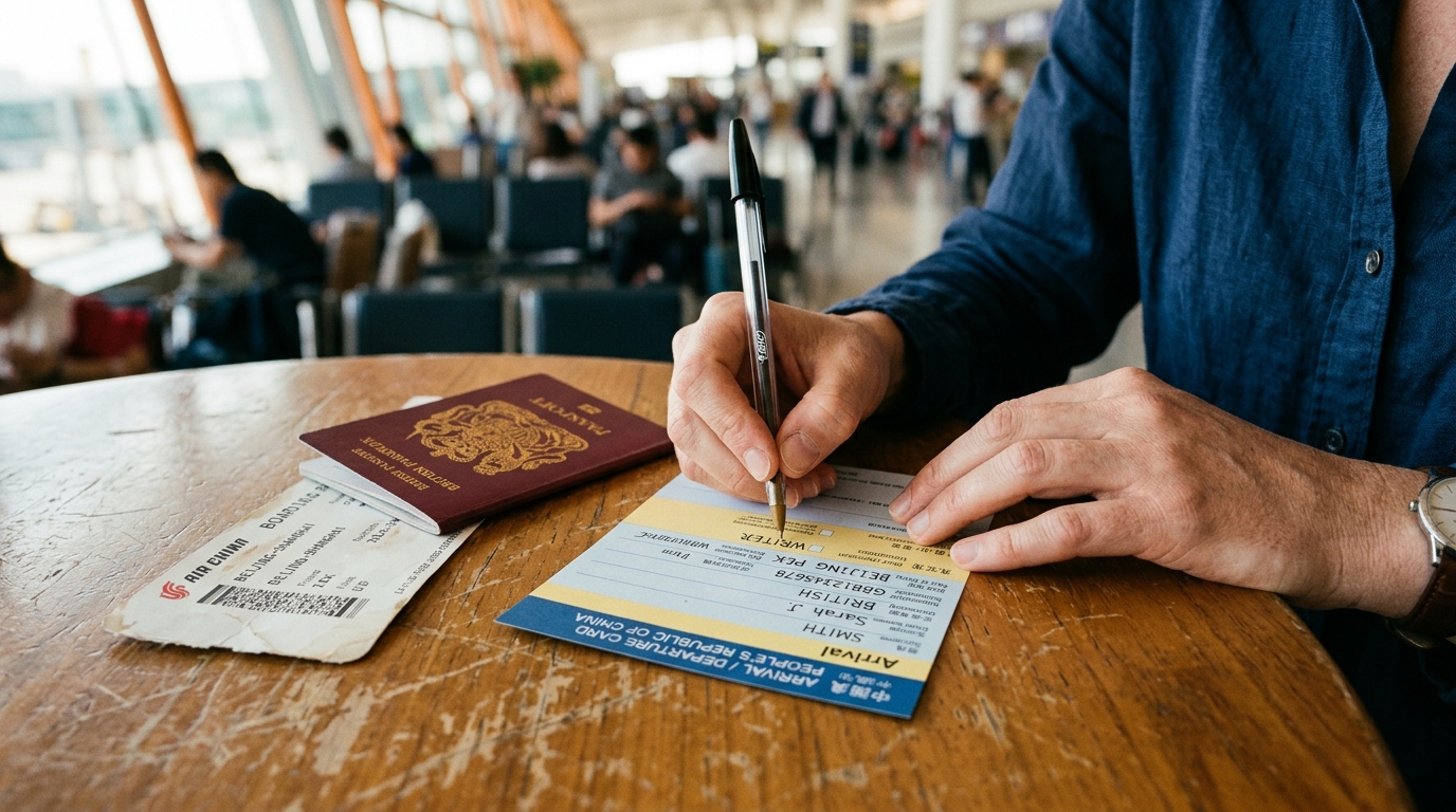 Foreign traveler completing China arrival card at airport marble desk