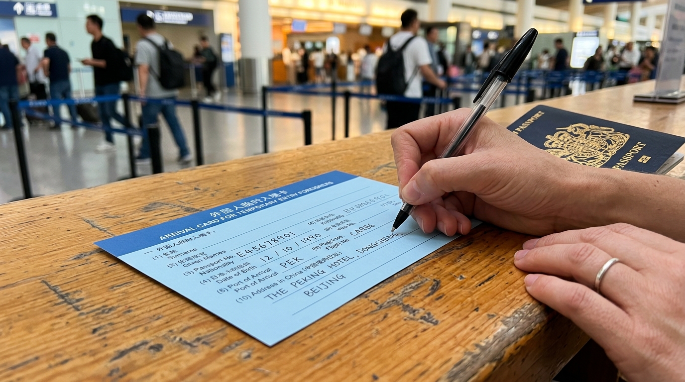 China Arrival Card for Temporary Entry Foreigners filled out on airport counter