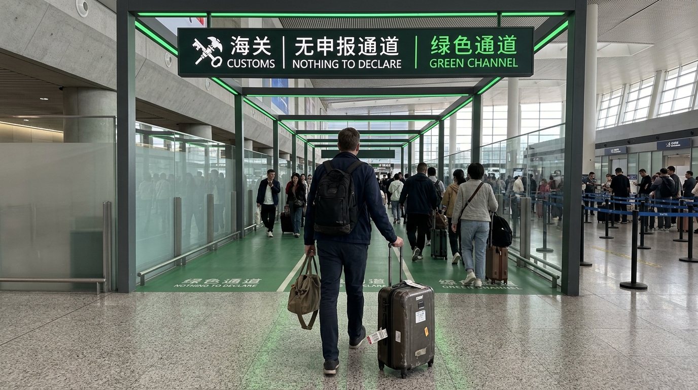 Foreign traveler walking through China airport Customs green nothing to declare channel
