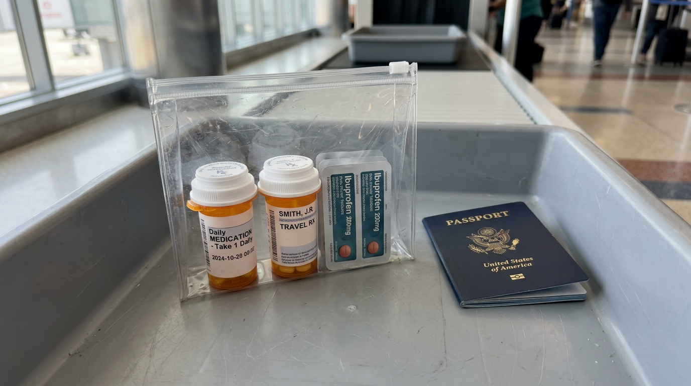 Prescription travel medicine bottles and blister packs in transparent airport security pouch
