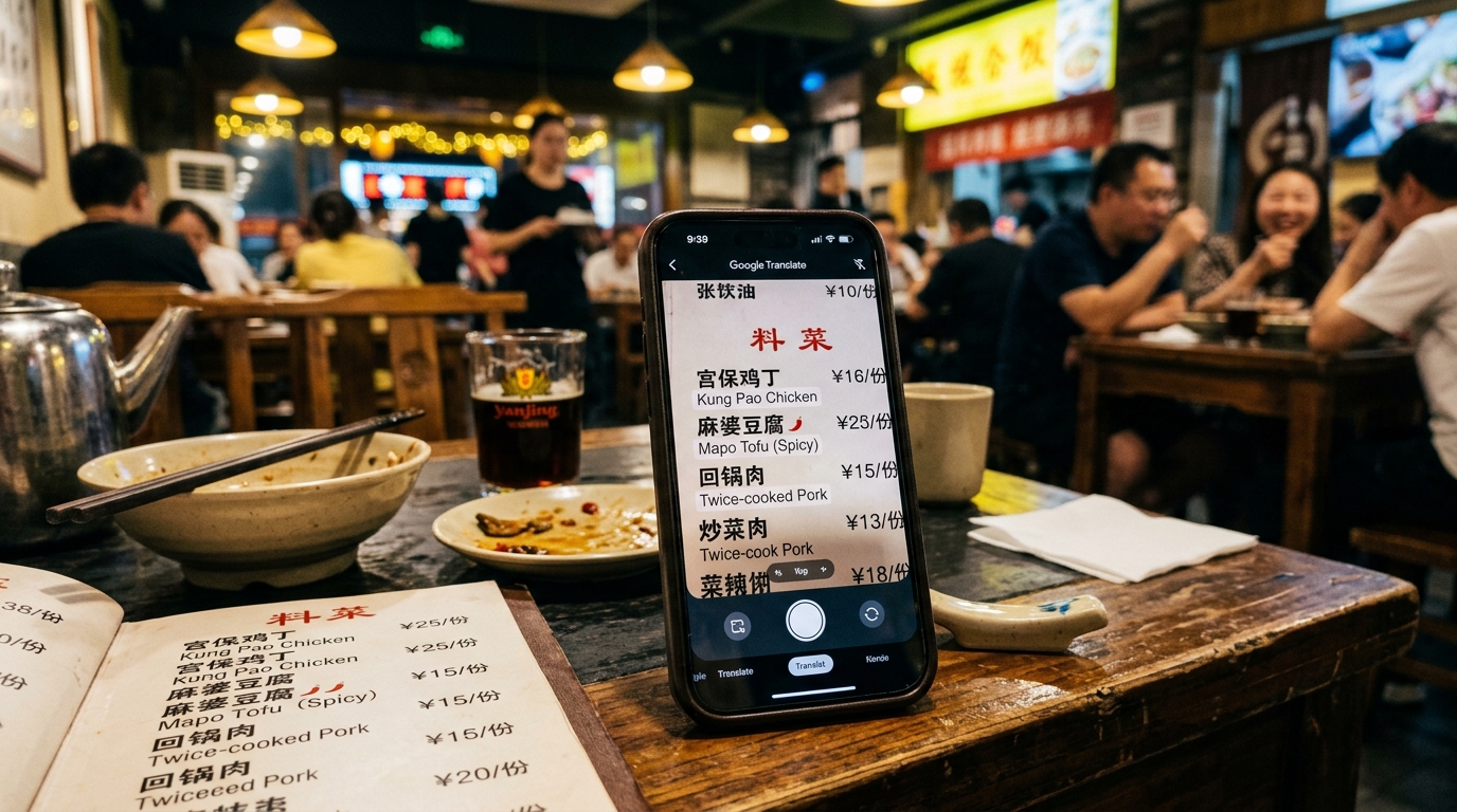Smartphone displaying photo translation app overlaying English text on Chinese food menu