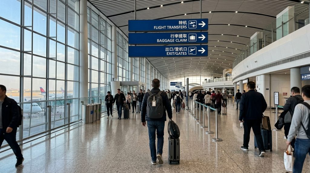 Bilingual airport transfer and baggage claim signage at Beijing Daxing airport