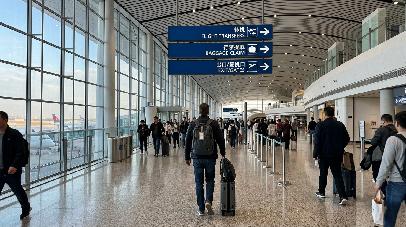 Bilingual airport transfer and baggage claim signage at Beijing Daxing airport