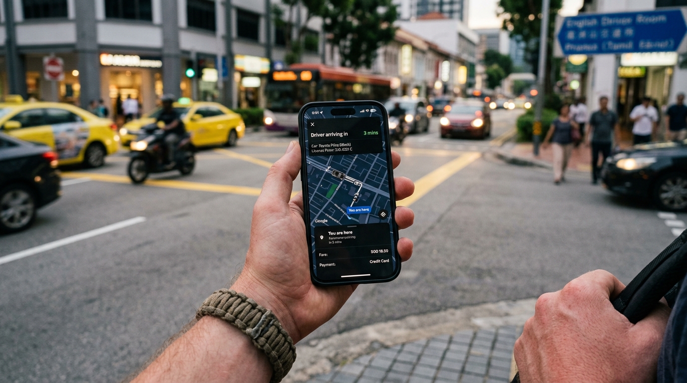 Traveler holding phone displaying DiDi English interface with vehicle license plate