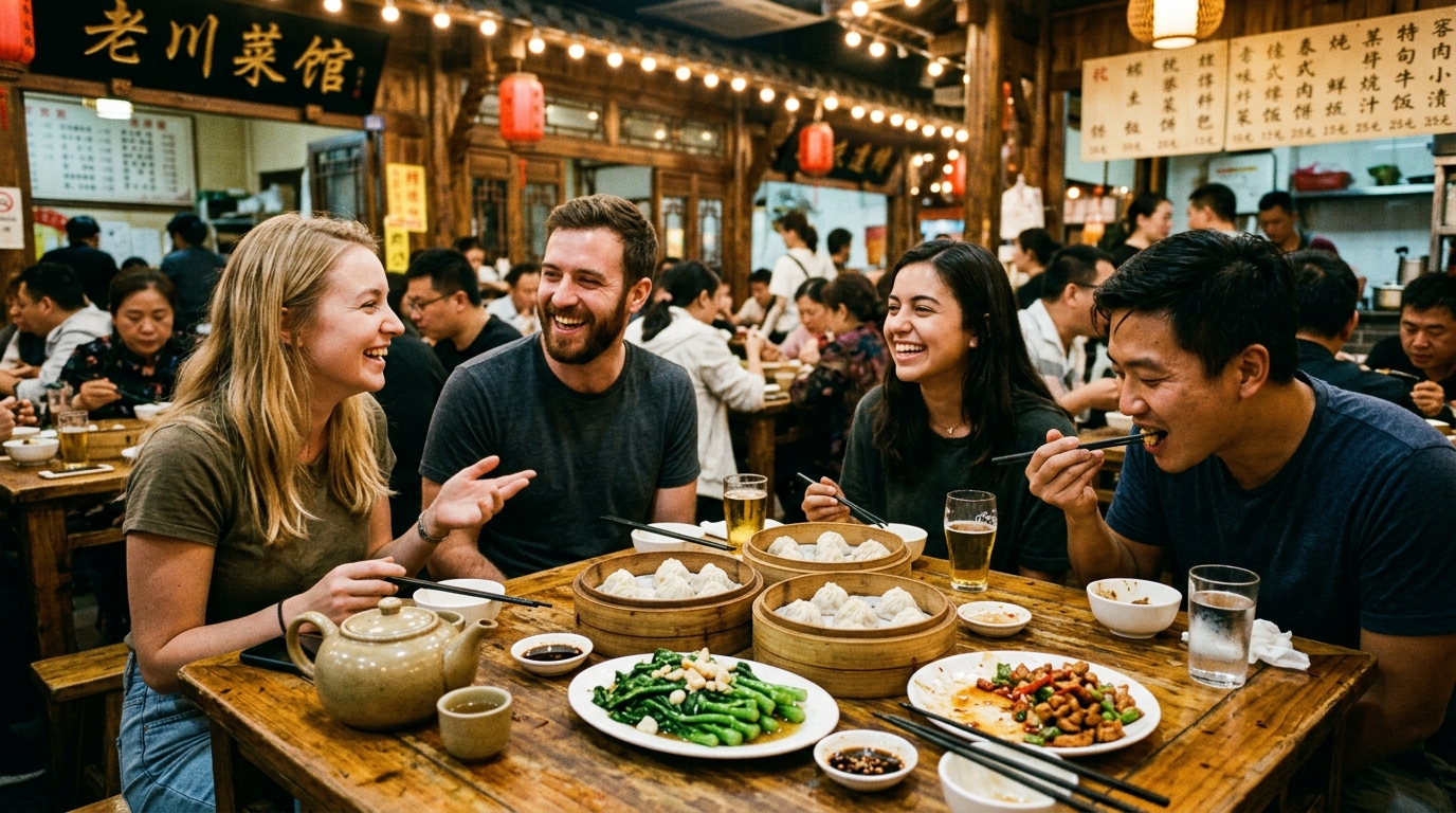 Foreign tourists dining at traditional Chinese restaurant with no tipping etiquette