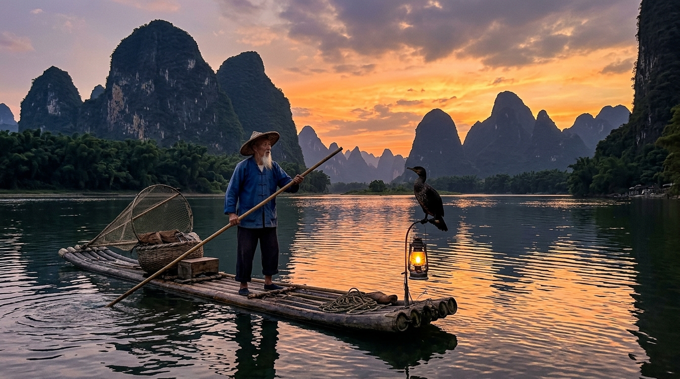 Elderly cormorant fisherman with traditional lantern on Li River at sunset with karst mountains