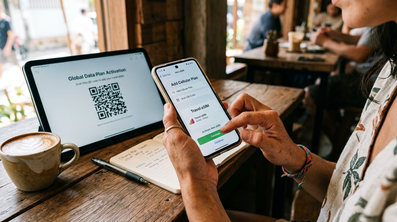 Scanning QR code to activate international travel eSIM on smartphone settings