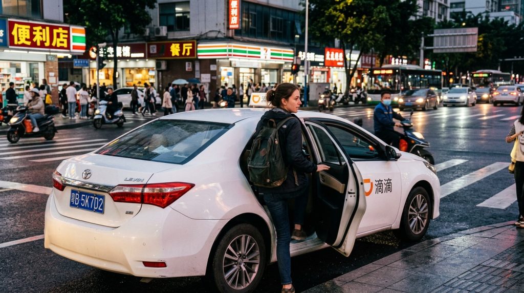 Foreign traveler stepping into white DiDi ride-hailing car on city street