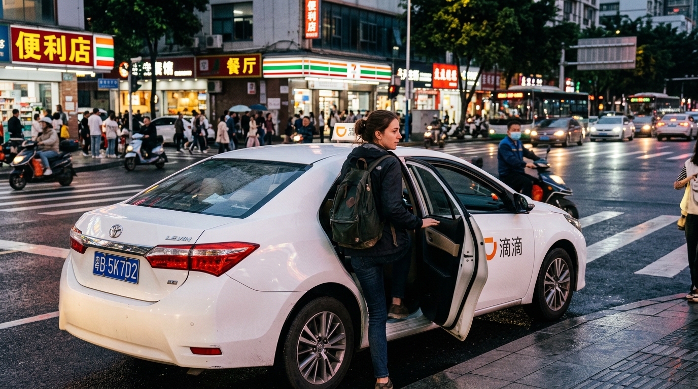 Foreign traveler stepping into white DiDi ride-hailing car on city street