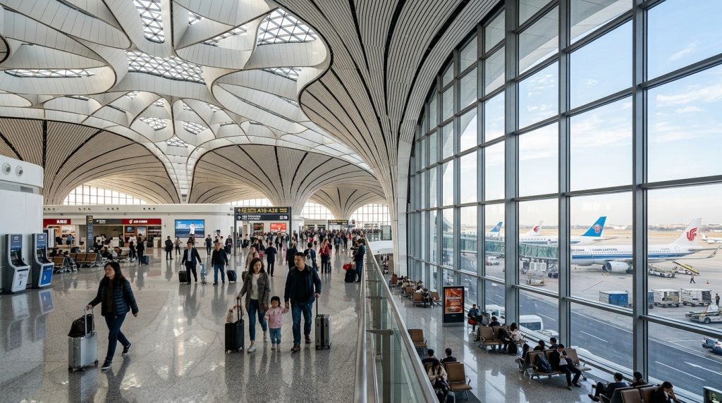 Modern Chinese international airport terminal departure hall with airliners on tarmac at Beijing Daxing Airport