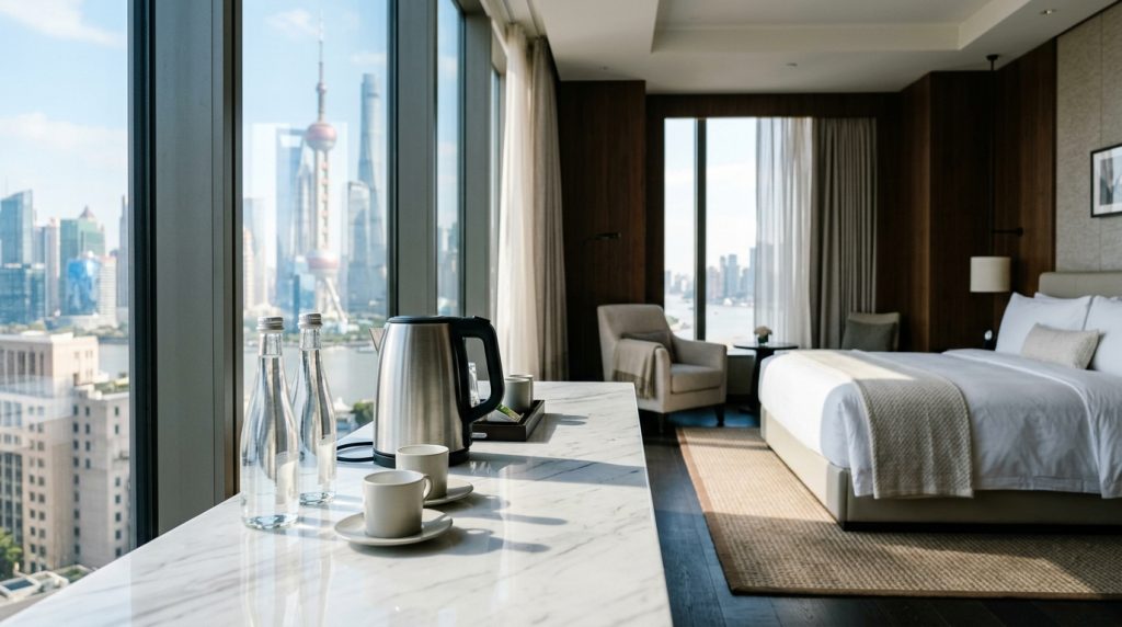 Complimentary bottled water and electric kettle on marble desk in Shanghai luxury hotel room