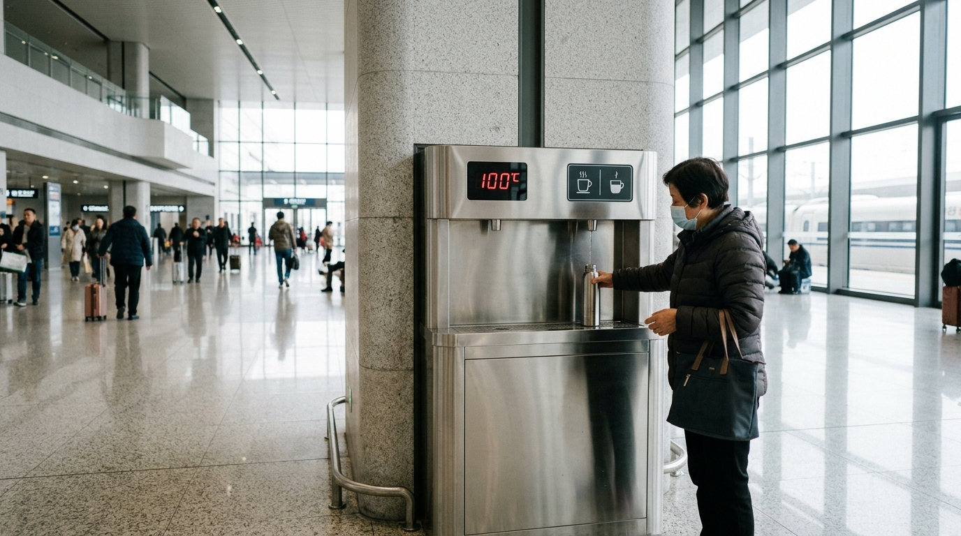 Modern multi-temperature filtered water dispenser inside Chinese high-speed railway concourse
