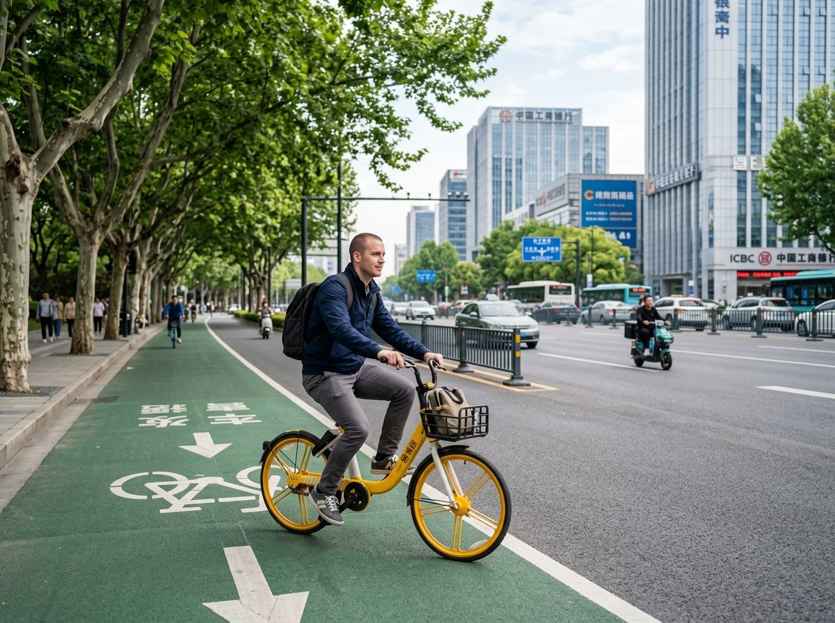 Riding a shared bicycle along dedicated separated bike lanes in a Chinese city