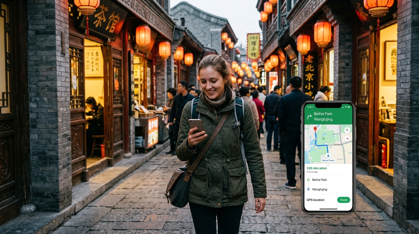 Traveler using mobile navigation maps and translation on smartphone in China