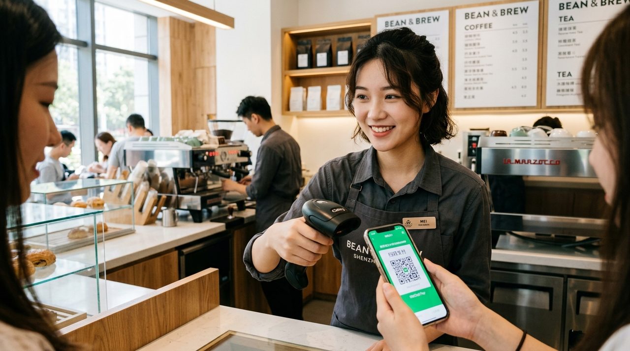 Cashier scanning customer payment code with optical barcode scanner
