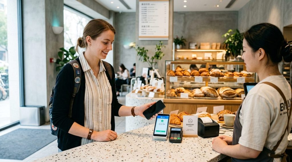 Foreign traveler paying with WeChat Pay on smartphone at modern bakery in Shanghai