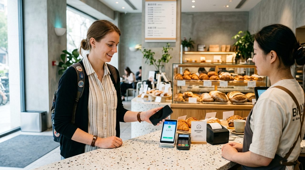 Foreign traveler paying with WeChat Pay on smartphone at modern bakery in Shanghai