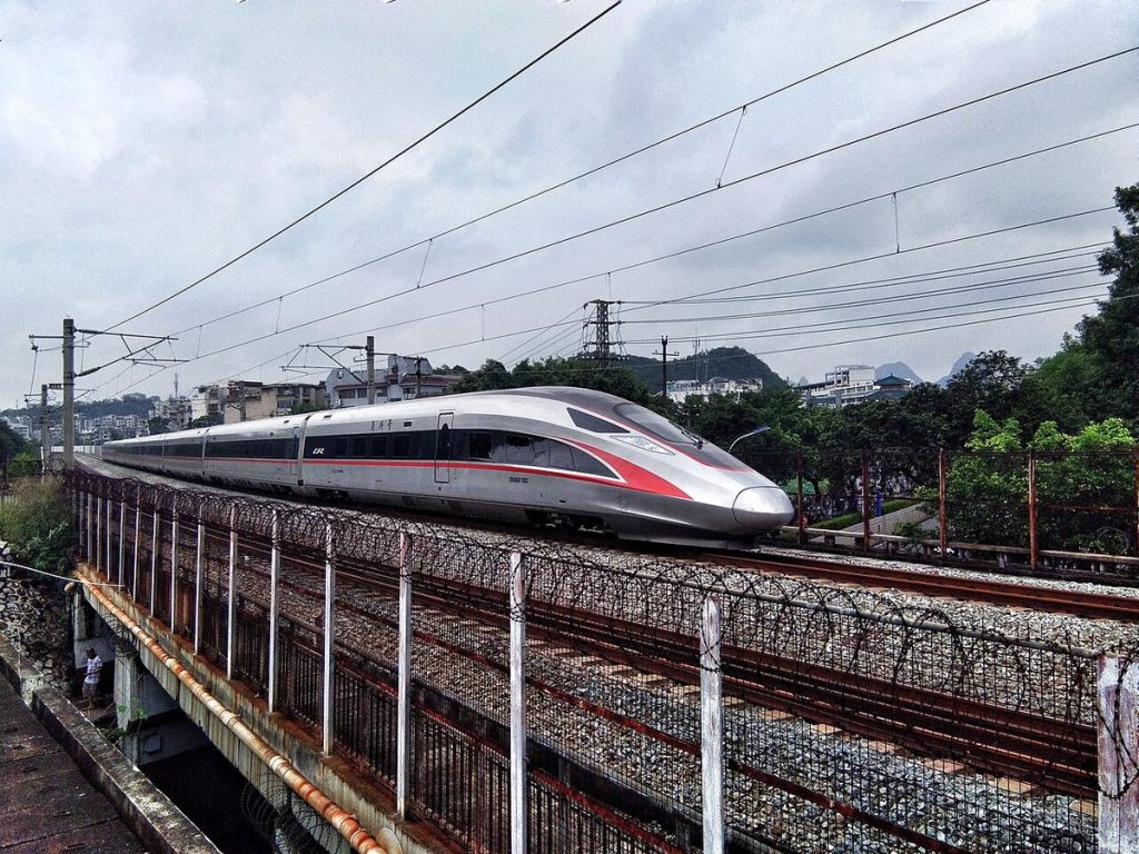 CR400AF Fuxing high speed bullet train on elevated modern tracks in China