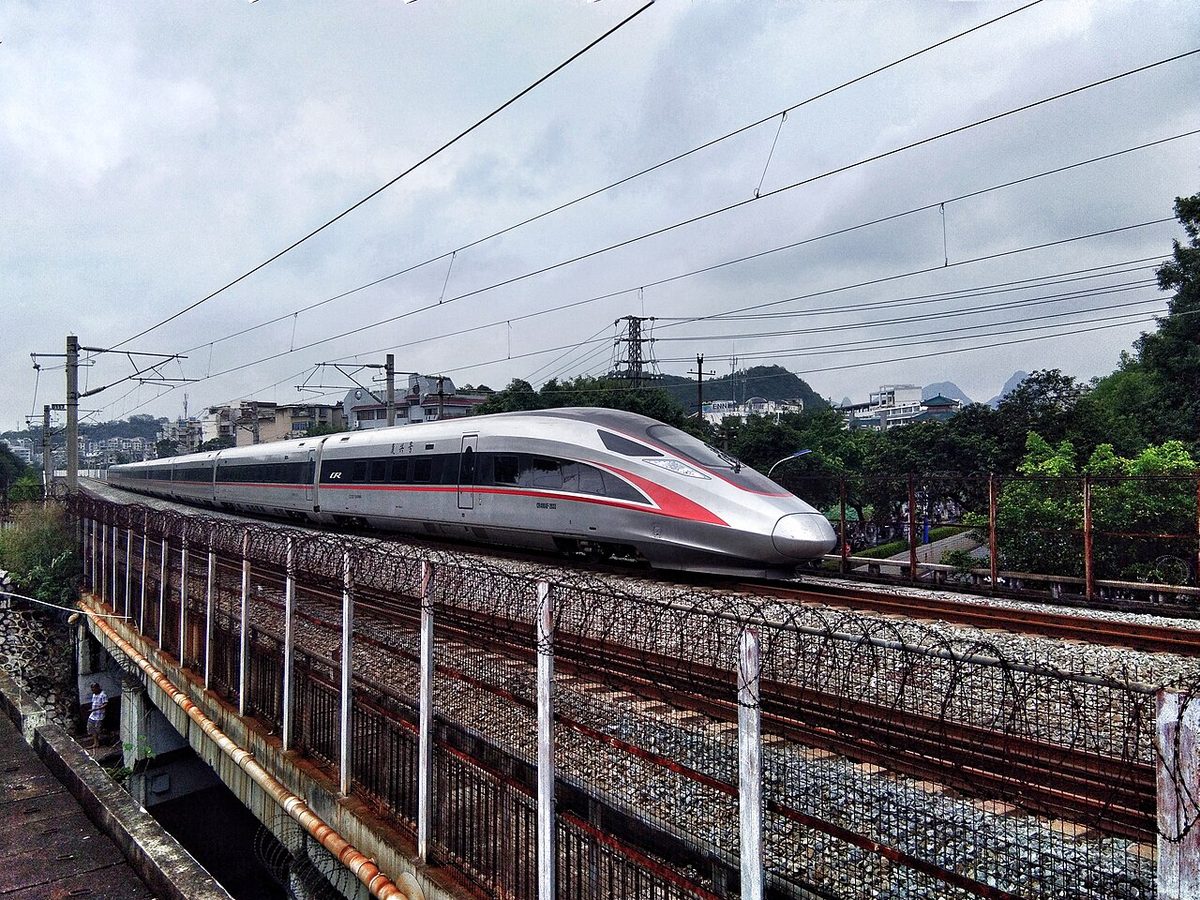 China Fuxing high speed bullet train on elevated modern tracks