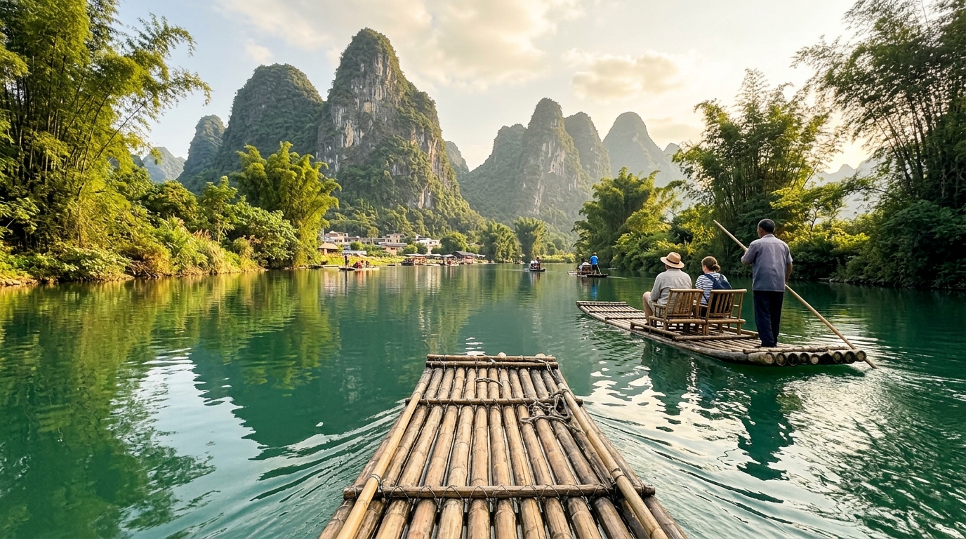 Traditional bamboo raft drifting on jade-green Yulong River in Yangshuo with karst peaks
