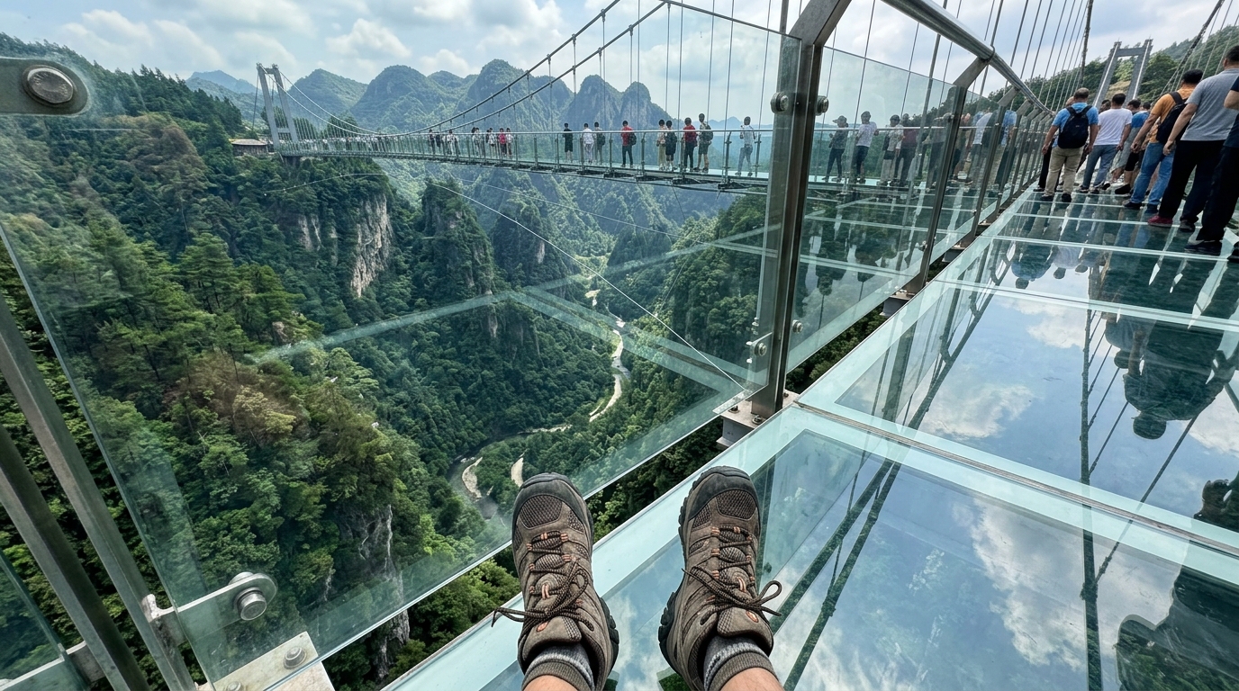 First person view standing on Zhangjiajie Grand Canyon glass bridge looking down into green gorge
