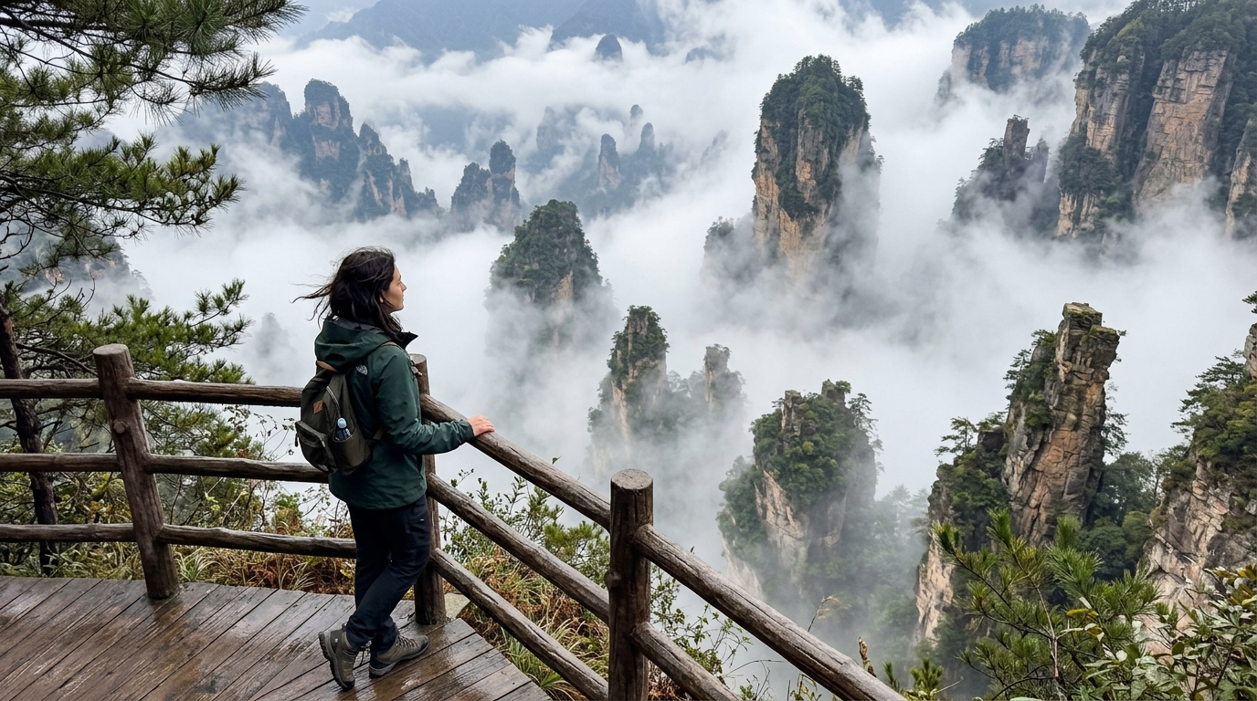 Tourist standing on cliffside wooden walkway overlooking Avatar Hallelujah sandstone pillars in Zhangjiajie
